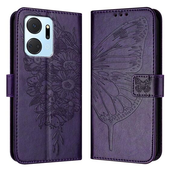 Custodia per telefono in pelle con farfalla goffrata per Honor X7a / Play7T 5G (viola scuro)