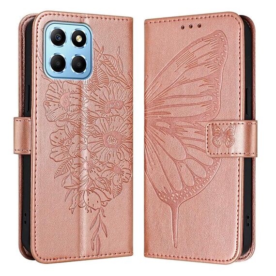 Custodia per telefono in pelle con farfalla goffrata per Honor X8 5G / 70 Lite / X6 / X6s (oro rosa)