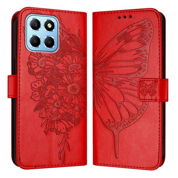 Custodia per telefono in pelle con farfalla goffrata per Honor X8 5G / 70 Lite / X6 / X6s (rossa)