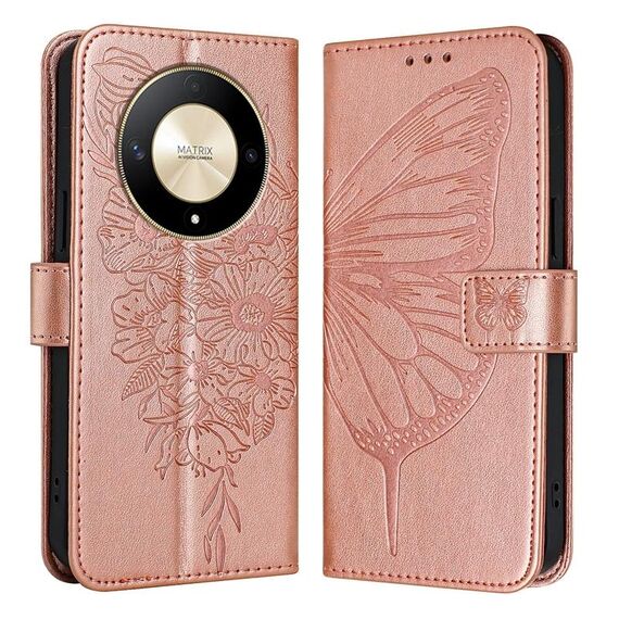 Custodia per telefono in pelle farfalla goffrata globale per Honor X9b Global/Magic6 Lite 5G (oro rosa)