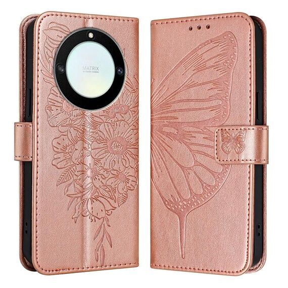 Custodia per telefono in pelle con farfalla goffrata per Honor X40 / X9a / Magic5 Lite (oro rosa)