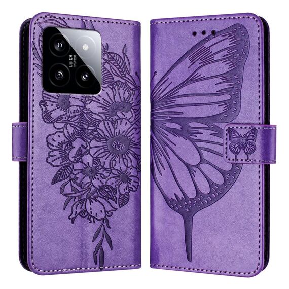 Per Xiaomi 14 5G Custodia per telefono in pelle con farfalla in rilievo globale (viola)