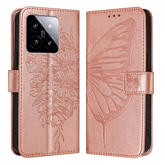 Per Xiaomi 14 5G Custodia per telefono in pelle con farfalla in rilievo globale (oro rosa)