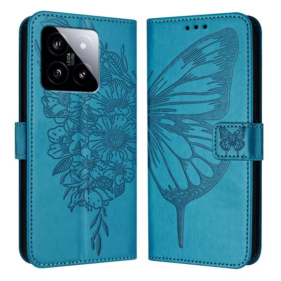 Per Xiaomi 14 5G Custodia per telefono in pelle con farfalla in rilievo globale (blu)