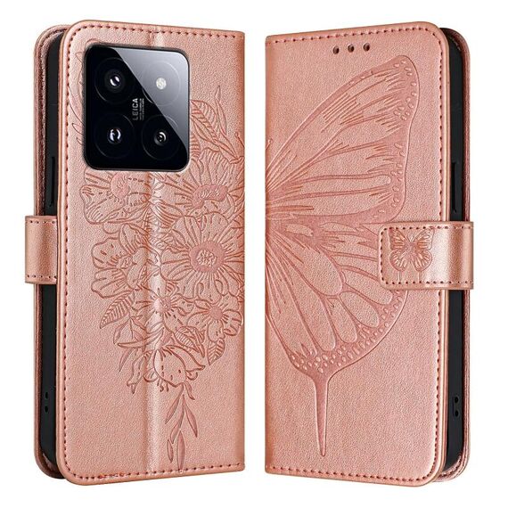 Per Xiaomi 14 Pro 5G Custodia per telefono in pelle farfalla goffrata globale (oro rosa)