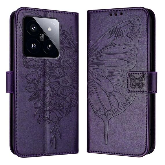 Per Xiaomi 14 Pro 5G Custodia per telefono in pelle con farfalla in rilievo globale (viola scuro)
