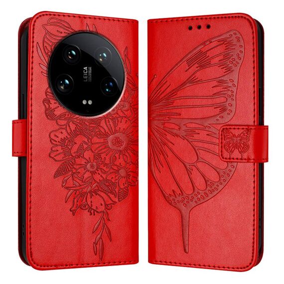 Custodia per telefono in pelle farfalla goffrata globale Xiaomi 14 Ultra 5G (rossa)
