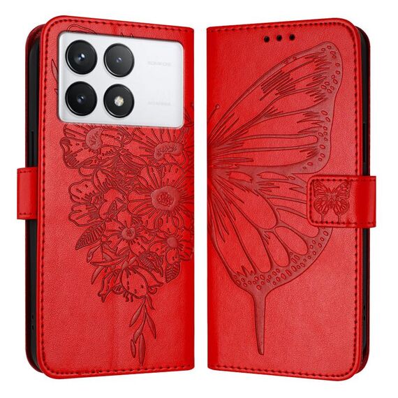 Custodia per telefono in pelle con farfalla goffrata per Xiaomi Redmi K70 / K70 Pro (rossa)