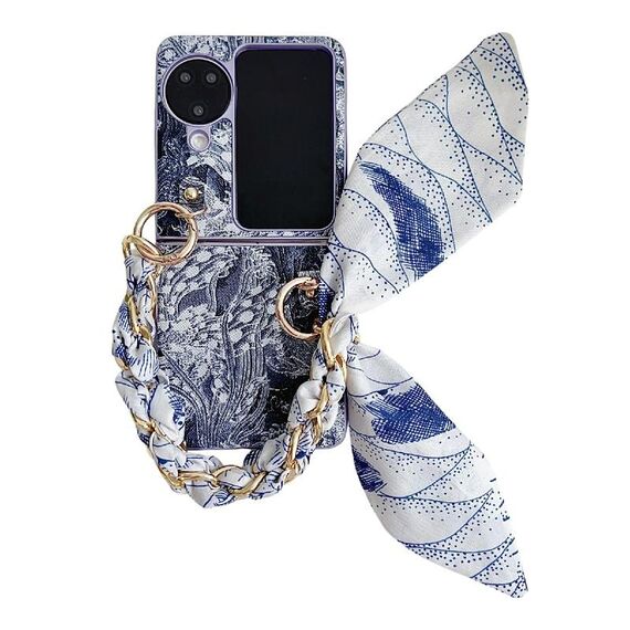 Per OPPO Find N3 Flip Custodia per telefono a copertura totale in stile ricamo fai-da-te con sciarpa/bracciale (blu)