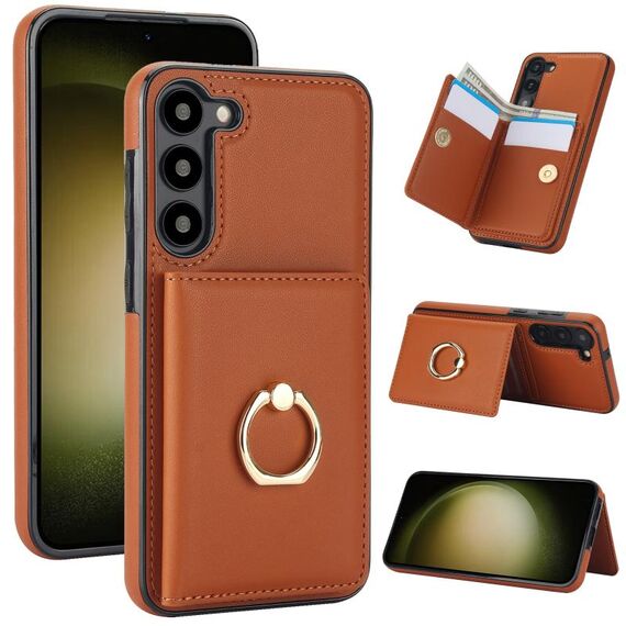 Per Samsung Galaxy S23+ 5G RFID Custodia per cellulare con anello antifurto per carte (marrone)