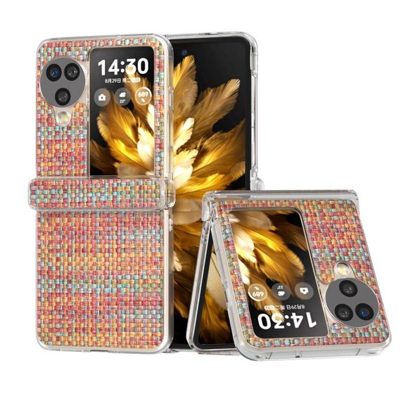 Per OPPO Find N3 Flip 3 in 1 Custodia per telefono PU con struttura traslucida e smerigliata a trama rombica colorata (rosso arancione)