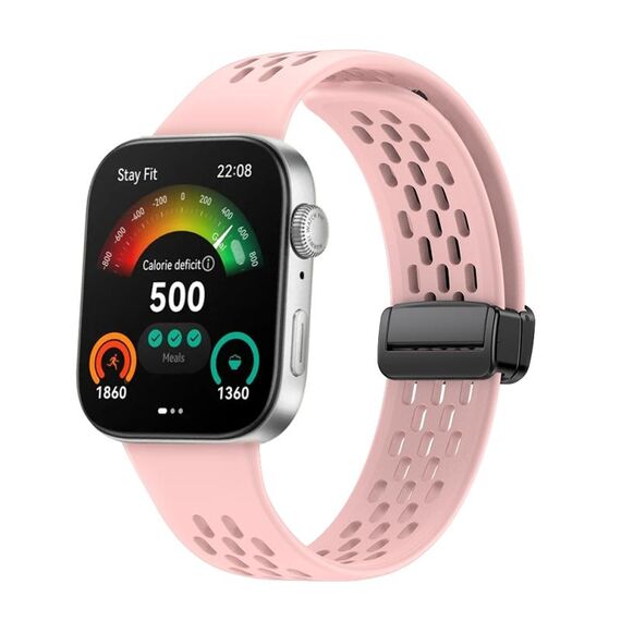 Per Huawei Watch Fit3 cinturino per orologio in silicone con fibbia nera pieghevole magnetica stile foro (rosa)