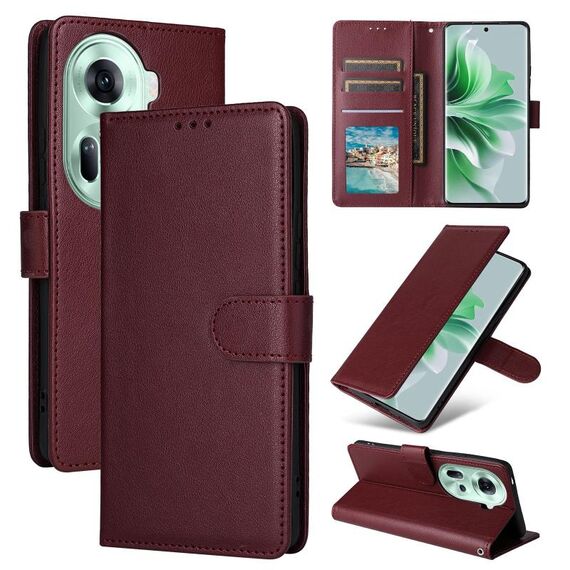 Per OPPO Reno11 5G Custodia per telefono in pelle con vibrazione orizzontale multifunzionale globale con tre slot per schede (vino rosso)