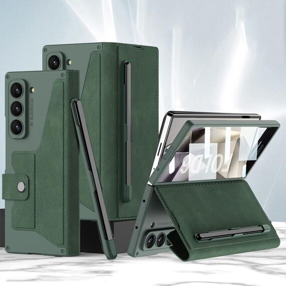 Per Samsung Galaxy Z Fold6 GKK Custodia in pelle Flip Armor integrata con slot per penna, stilo non incluso (verde)