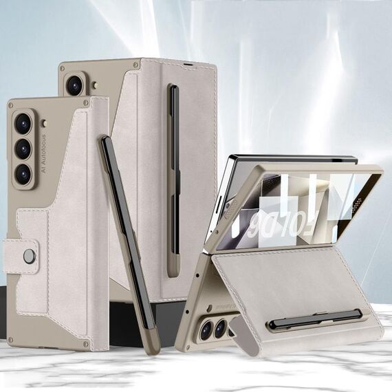Per Samsung Galaxy Z Fold6 GKK Custodia in pelle Flip Armor integrata con slot per penna, stilo non incluso (grigio titanio)