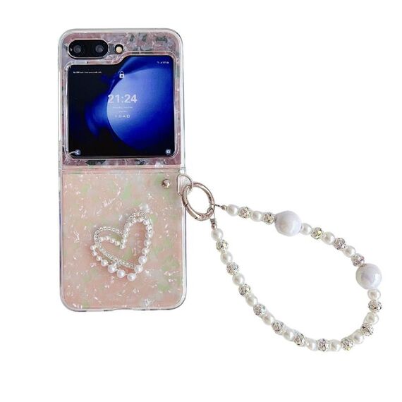 Per Samsung Galaxy Z Flip6 Custodia per telefono con motivo a cuore con texture a conchiglia perlescente e braccialetto (rosa)