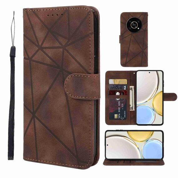 Custodia per telefono in pelle con linee geometriche per Honor X9 Skin Feel (marrone)