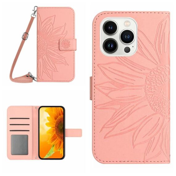 Per iPhone 16 Pro Skin Feel Custodia per cellulare in pelle con motivo Sun Flower goffrato con cordino (rosa)