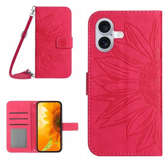 Per iPhone 16 Custodia per telefono in pelle Flip in rilievo Skin Feel Sun Flower con cordino (Rosa rossa)