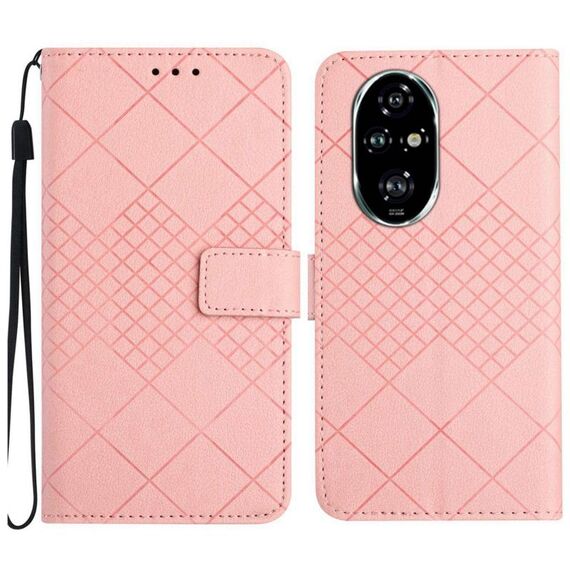 Custodia per telefono in pelle con struttura a griglia rombica globale per Honor 200 5G (rosa)