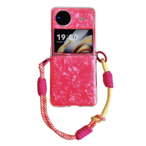 Custodia per telefono con fibbia laterale con texture a conchiglia perlescente per vivo X Flip con braccialetto arcobaleno (rosso)