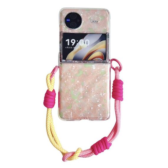 Per vivo X Flip Custodia per telefono con fibbia laterale con texture a conchiglia perlescente e braccialetto arcobaleno (rosa verde)