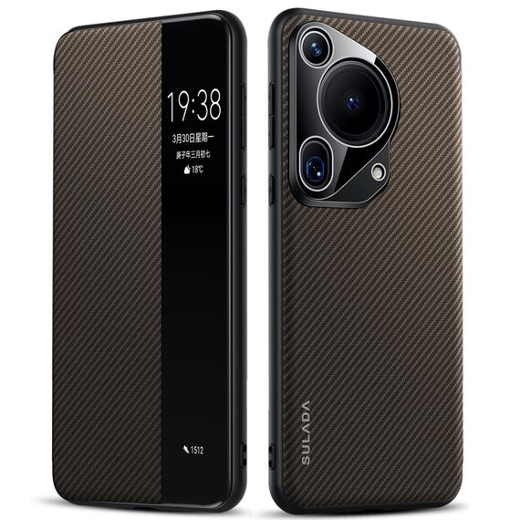 Per Huawei Pura 70 Ultra SULADA Kevlar 600D Texture Smart Window Custodia in pelle per telefono (marrone)