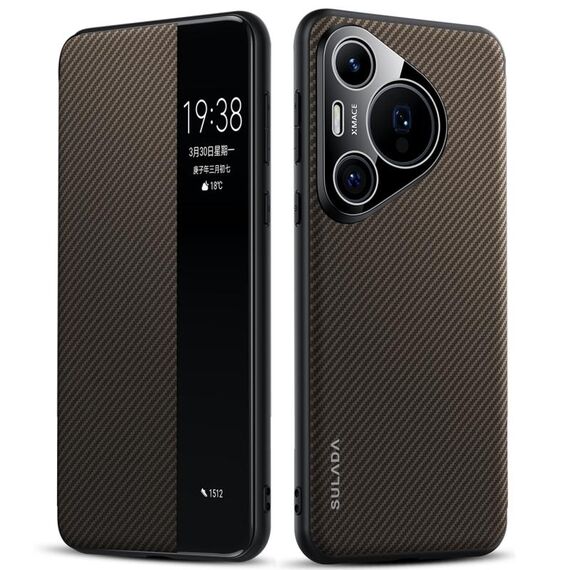 Per Huawei Pura 70 SULADA Kevlar 600D Texture Smart Window Custodia in pelle per telefono (marrone)
