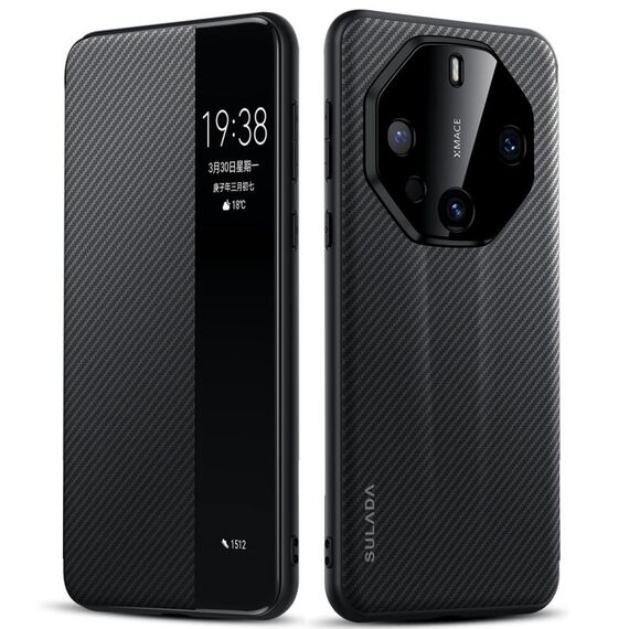 Per Huawei Mate 60 RS Ultimate SULADA Kevlar 600D Texture Smart Window Custodia in pelle per telefono (nero)
