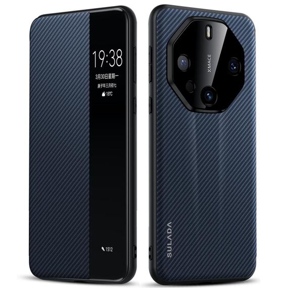 Per Huawei Mate 60 RS Ultimate SULADA Kevlar 600D Texture Smart Window Custodia in pelle per telefono (blu)