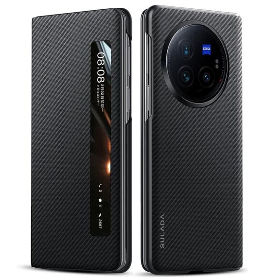 Per vivo X Fold3 Pro SULADA Kevlar 600D Texture Smart Window Custodia in pelle per telefono (nero)