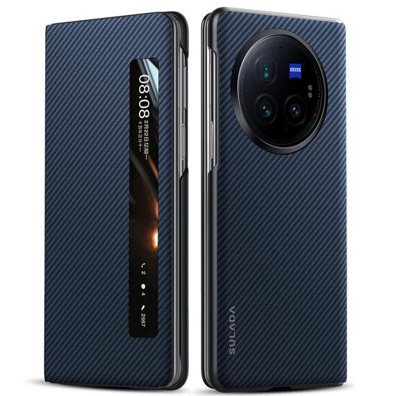 Per vivo X Fold3 Pro SULADA Kevlar 600D Texture Smart Window Custodia in pelle per telefono (blu)