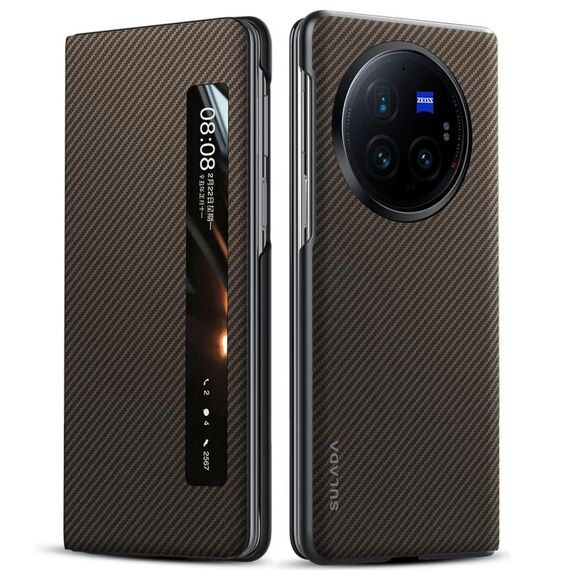 Per vivo X Fold3 Pro SULADA Kevlar 600D Texture Smart Window Custodia in pelle per telefono (marrone)