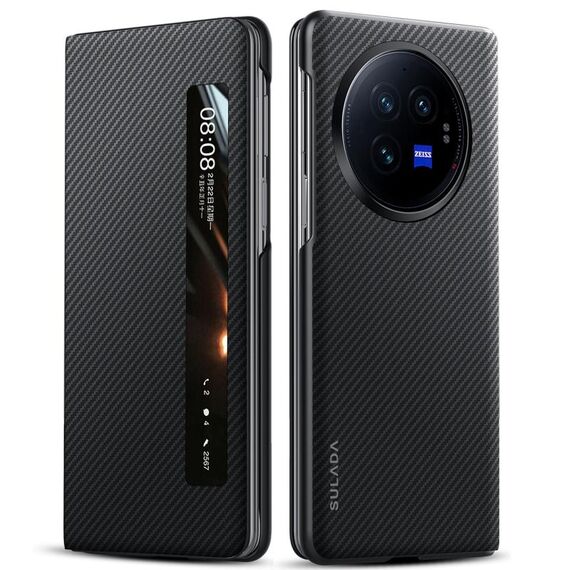 Per vivo X Fold3 SULADA Kevlar 600D Texture Smart Window Custodia in pelle per telefono (nero)