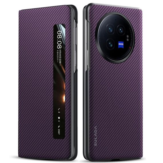 Custodia per cellulare in pelle Smart Window per vivo X Fold3 SULADA Kevlar 600D (viola)