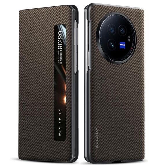 Per vivo X Fold3 SULADA Kevlar 600D Texture Smart Window Custodia in pelle per telefono (marrone)