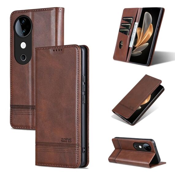 Custodia per telefono in pelle magnetica con texture di vitello AZNS per vivo S19 (marrone scuro)
