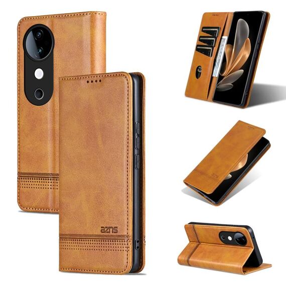 Per vivo S19 AZNS Custodia per telefono in pelle di vitello con texture magnetica (marrone chiaro)