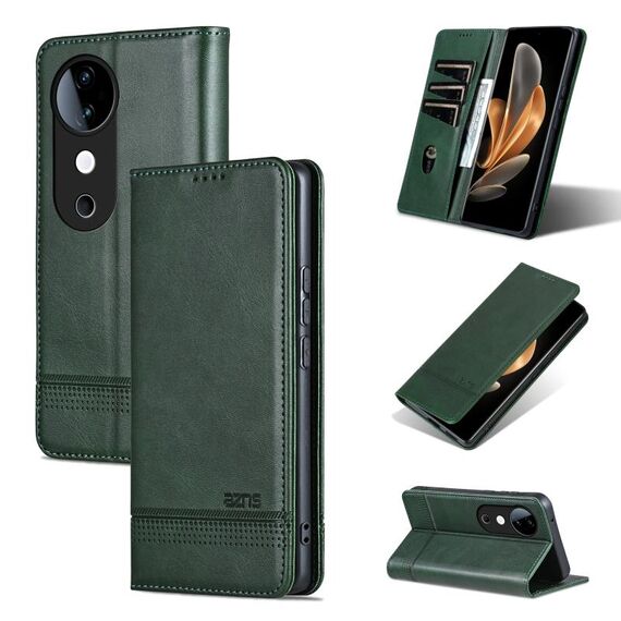 Custodia per telefono in pelle magnetica con texture di vitello AZNS per vivo S19 Pro (verde scuro)