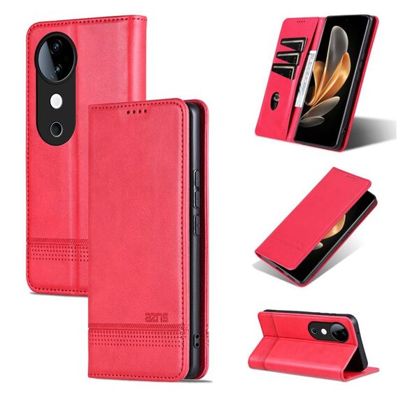 Custodia per telefono in pelle magnetica con texture di vitello AZNS per vivo S19 Pro (rossa)