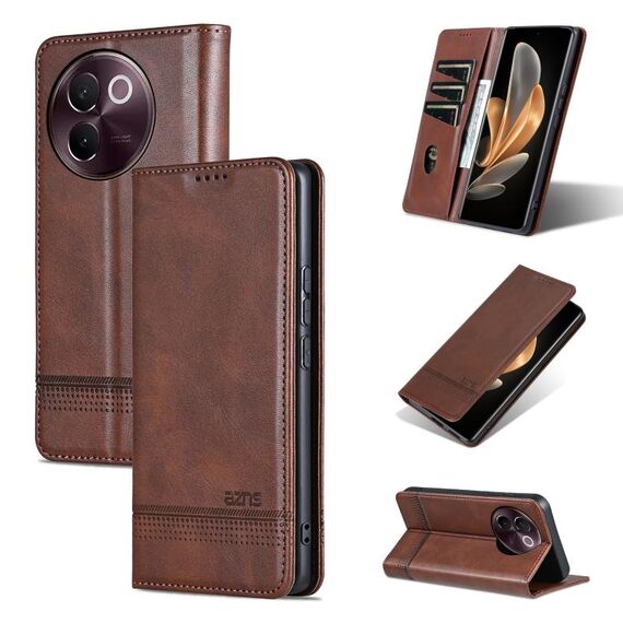 Custodia per telefono in pelle magnetica con texture di vitello AZNS per vivo V30e (marrone scuro)