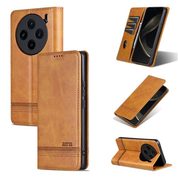 Per vivo X100s AZNS Custodia per telefono in pelle di vitello con texture magnetica (marrone chiaro)