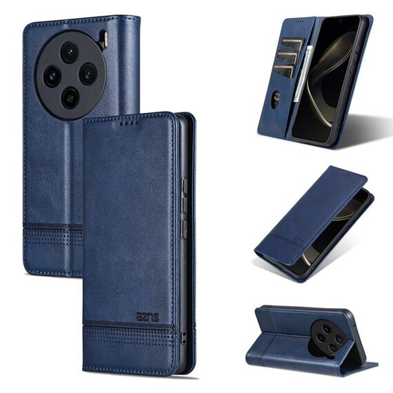 Custodia per telefono in pelle magnetica con texture di vitello AZNS per vivo X100s (blu scuro)