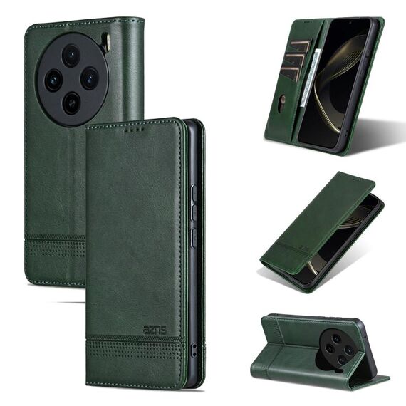 Custodia per telefono in pelle magnetica con texture di vitello AZNS per vivo X100s (verde scuro)
