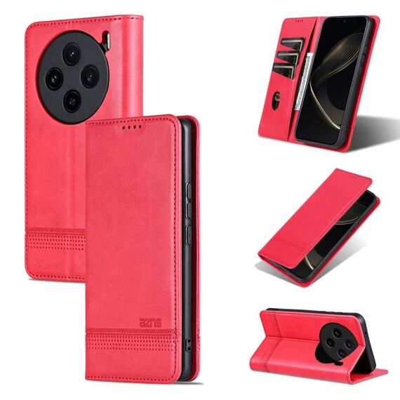 Custodia per telefono in pelle magnetica con texture di vitello AZNS per vivo X100s (rossa)