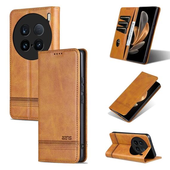 Custodia per telefono in pelle magnetica con texture di vitello per vivo X100 Ultra AZNS (marrone chiaro)