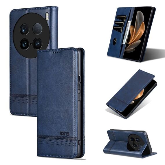 Custodia per telefono in pelle magnetica con texture di vitello per vivo X100 Ultra AZNS (blu scuro)