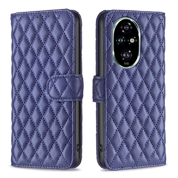Custodia a portafoglio in pelle con motivo a reticolo diamantato per Honor 200 Pro (blu)