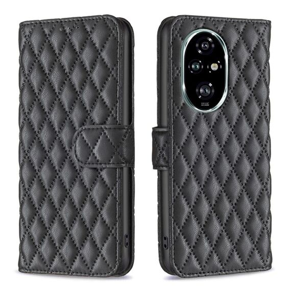 Custodia a portafoglio in pelle con motivo a reticolo diamantato per Honor 200 Pro (nero)