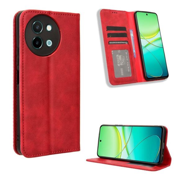 Custodia per telefono in pelle con texture retrò con fibbia magnetica per vivo Y38 5G / Y200i 5G (rossa)